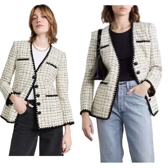 Veronica Beard Albia Rickrack Trim Tweed Lady Jacket Black White Check Size 0 - Picture 8 of 9